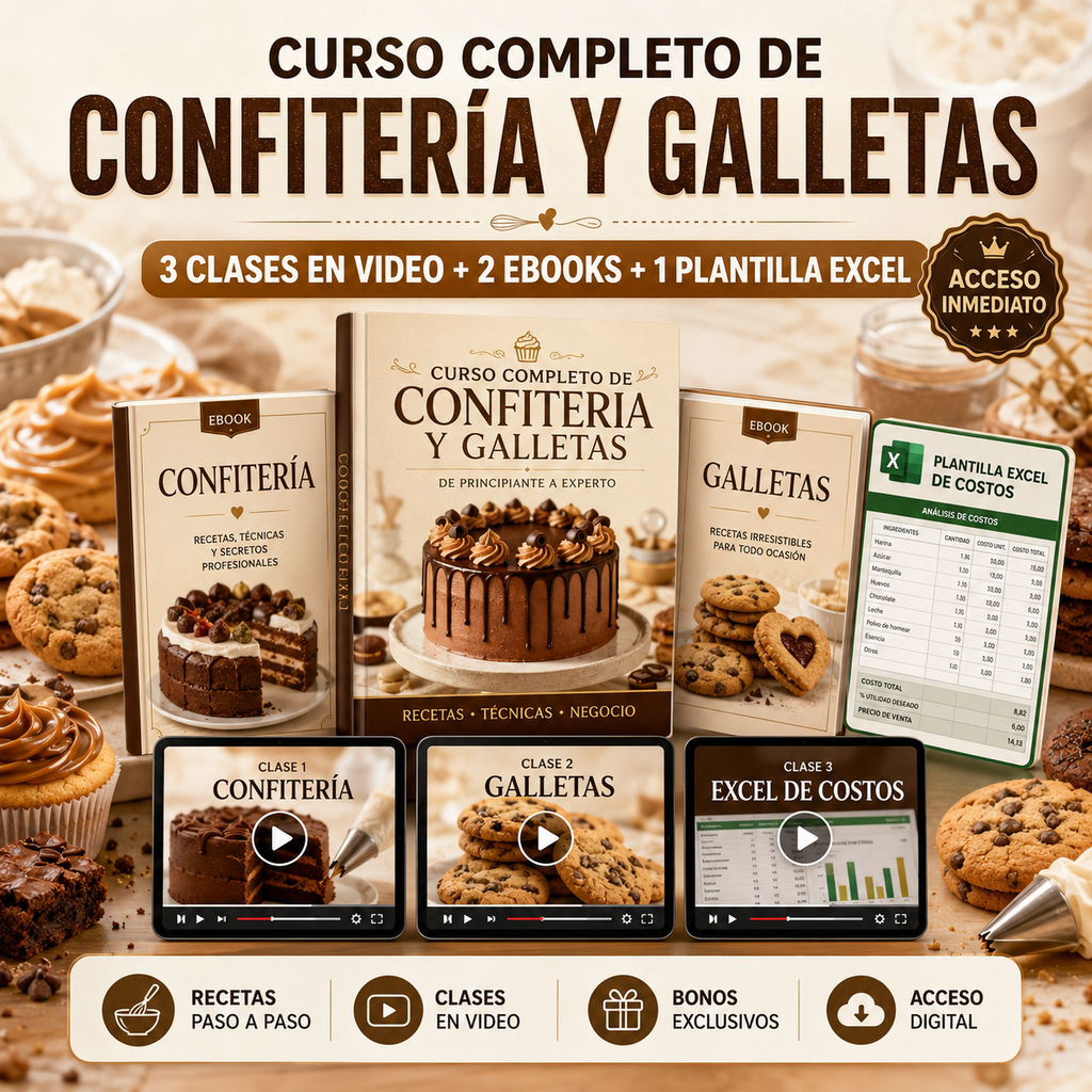 CURSO COMPLETO DE CONFITERÍA Y GALLETAS | 3 CLASES EN VIDEO + 2 EBOOKS + 1 PLANTILLA EXCEL